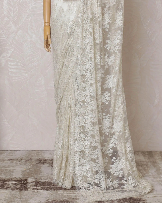Off white, light gold Premium pure French metallic chantilly lace saree having stone work in floral design-D14588 Regal Fabrics