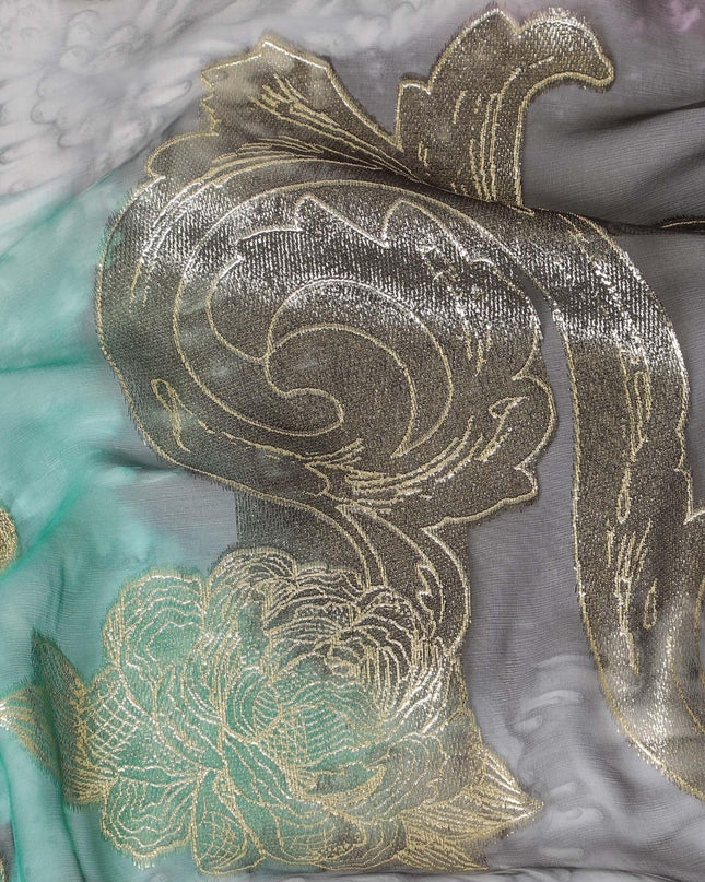 قماش شيفون حريري فرنسي (فرنساوي) فاخر متعدد الألوان مع لوركس معدني ذهبي بتصميم زهور-D14121