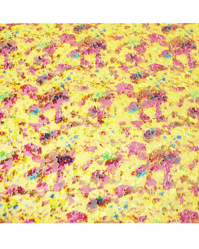 Sunflower yellow Italian Premium silk chiffon dirac (makmal) fabric with multicolor print and velvet jacquard in floral design-D8661 Regal Fabrics