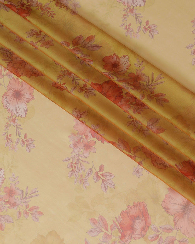 Mustard yellow premium pure silk chiffon fabric with same tone and salamander orange print in floral design-D10634