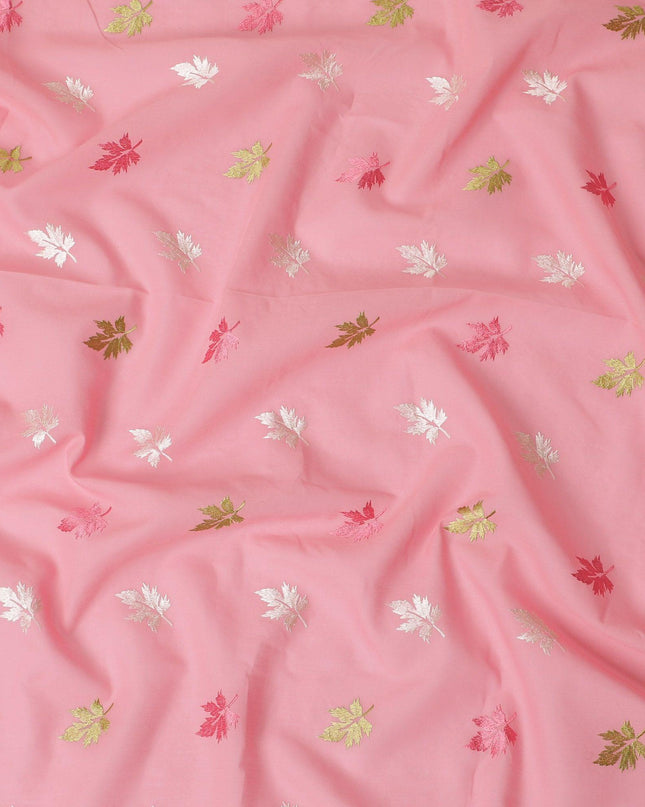 Baby pink Premium cotton voile fabric with same tone, mint green and beige embroidery in floral design-D13121