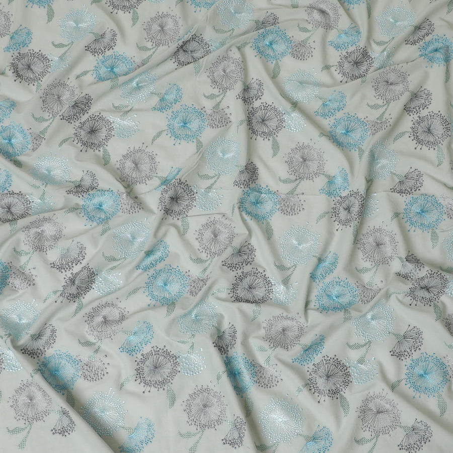 Laurel green cotton voile fabric with same tone, baby blue and coin grey embroidery in floral design-D14469