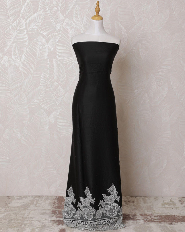 Black blended cotton lawn fabric with silver  embroidery having  stone work in fancy design-D14732