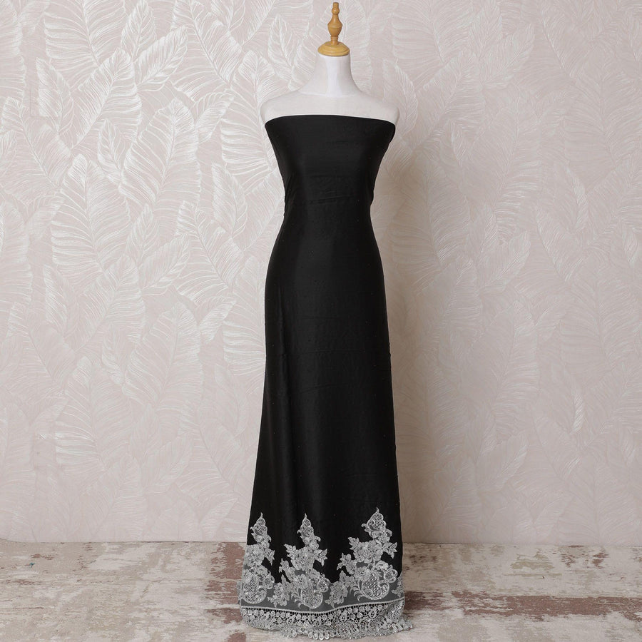 Black blended cotton lawn fabric with silver  embroidery having  stone work in fancy design-D14732