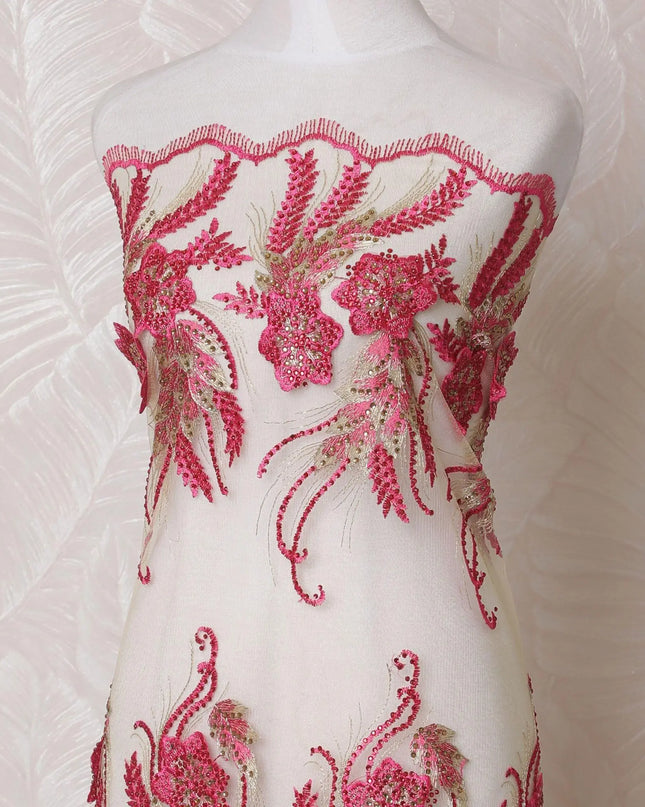 Gold nylon tulle fabric with same tone, hot pink embroidery having stone work in fancy design-D14757 Regal Fabrics
