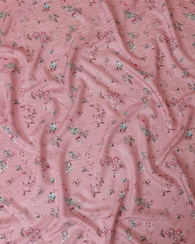 قماش ساتان صناعي وردي قرميدي مع طباعة متعددة الألوان بتصميم الأزهار-D9108