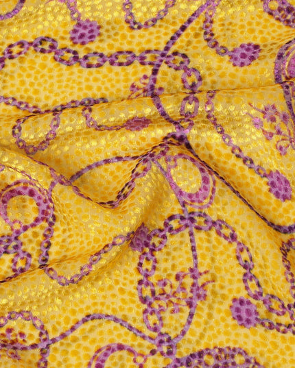 Cyber yellow Premium pure Italian silk blended burnout velvet fabric with magenta purple print in fancy design-D13840