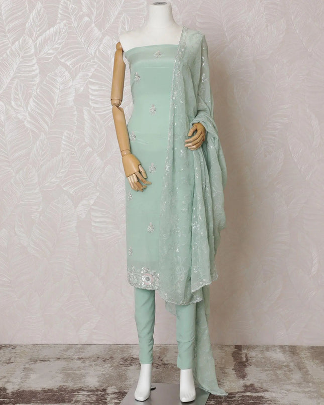 Mint green Premium pure silk crepe kameez with multicolor bead and sequin embroidery in floral design. Mint green plain salwar having same tone chiffon dupatta with multicolor bead and sequin embrodiery-D15004 Regal Fabrics