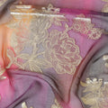 Multicolor premium pure handprinted silk chiffon fabric with gold metallic lurex in fancy design-D10416