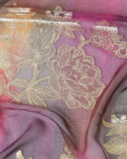 Multicolor premium pure handprinted silk chiffon fabric with gold metallic lurex in fancy design-D10416