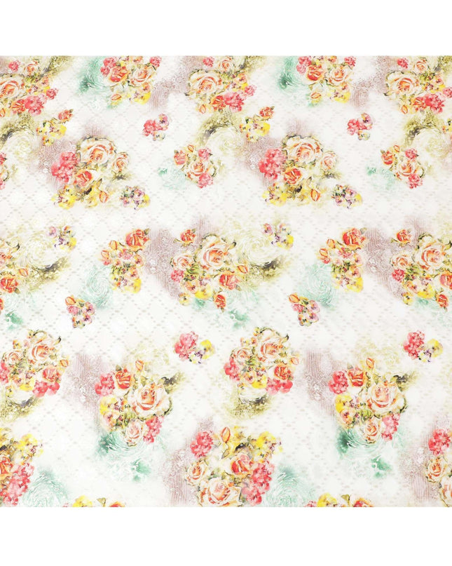 قماش من الشيفون الحريري باللون الأبيض الفاتح مع طباعة متعددة الألوان بتصميم الأزهار مع اللوريكس المعدني الذهبي -D6954