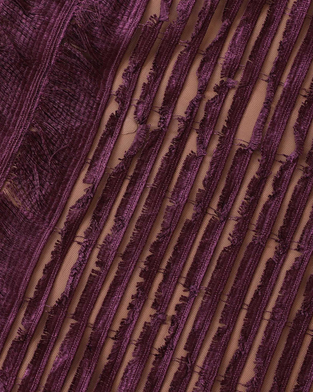 Plum fancy nylon tulle fabric with same tone embroidery in stripe design-D9183 Regal Fabrics