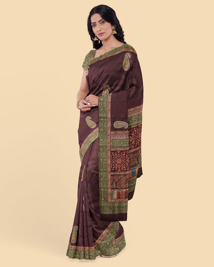 Maroon art silk saree with multicolor embroidery in paisleyl design-D12774