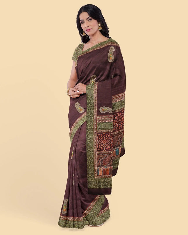 Maroon art silk saree with multicolor embroidery in paisleyl design-D12774 Regal Fabrics