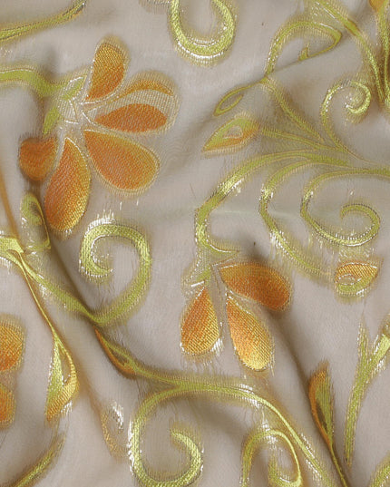 قماش شيفون حريري نقي فاخر بلون رمادي سيون مع فيسكوز أزرق وأخضر غامق مع لوريكس معدني ذهبي بتصميم زهور -D14645