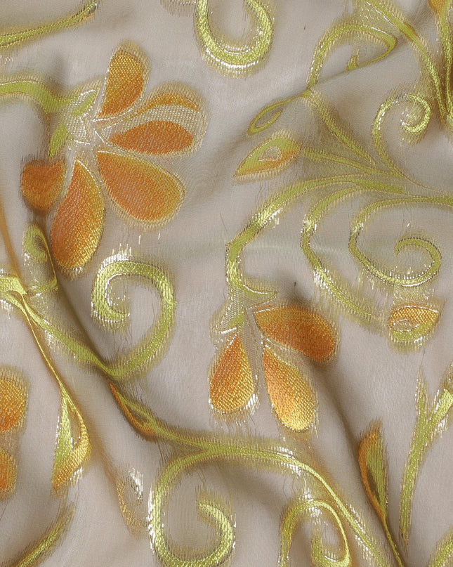 قماش شيفون حريري نقي فاخر بلون رمادي سيون مع فيسكوز أزرق وأخضر غامق مع لوريكس معدني ذهبي بتصميم زهور -D14645