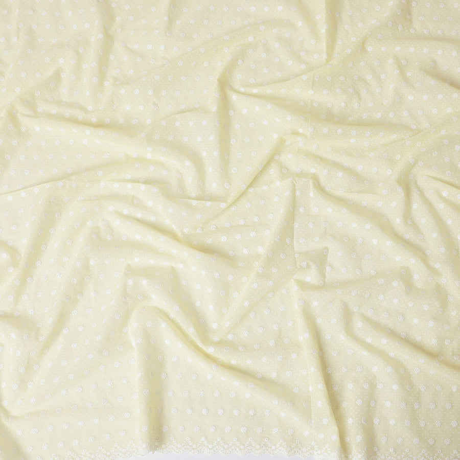 Light yellow premium pure cotton voile fabric with white embroidery in floral design-D13681