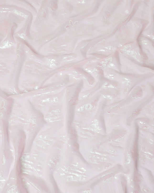 Baby pink premium pure silk chiffon fabric with neon green metallic lurex in floral design-D12415