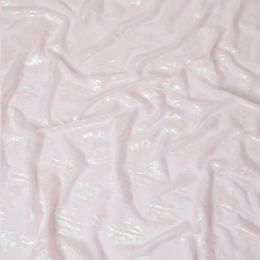 Baby pink premium pure silk chiffon fabric with neon green metallic lurex in floral design-D12415