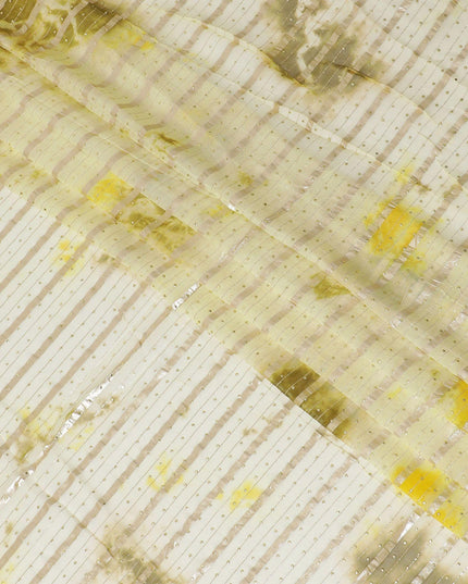 Multicolor synthetic chiffon fabric with gold stripe having same tone metallic dot foil in stripe design-D13658 Regal Fabrics