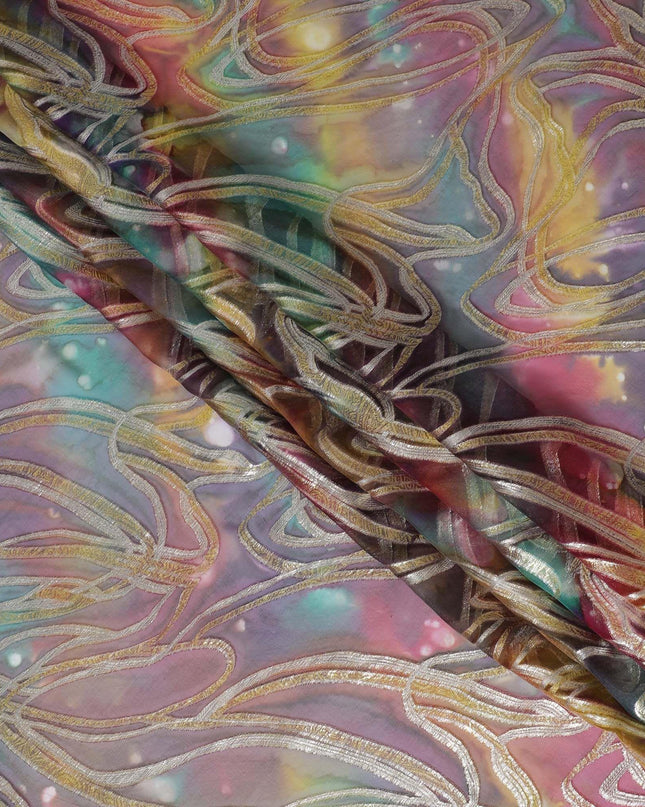 قماش شيفون من الحرير الخالص متعدد الألوان مع لوريكس معدني ذهبي بتصميم تجريدي-D14112