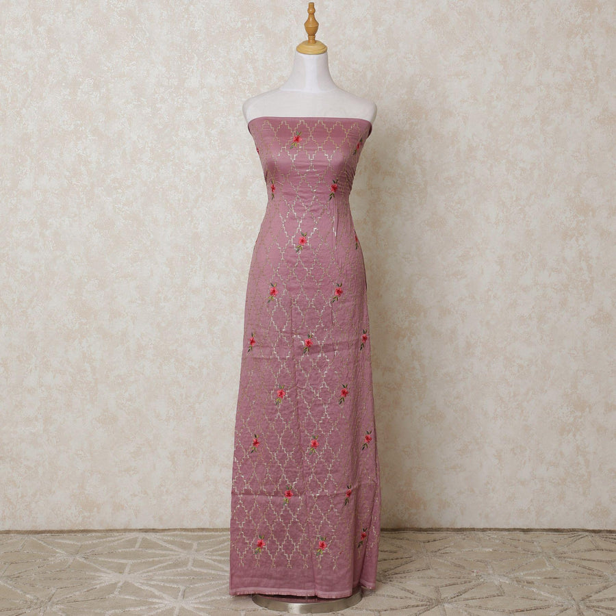 قماش قطني مخلوط باللون الأرجواني مع تطريز بالترتر باللون الأحمر القرميدي والأخضر الباستيل والذهبي بتصميم الأزهار-D12106