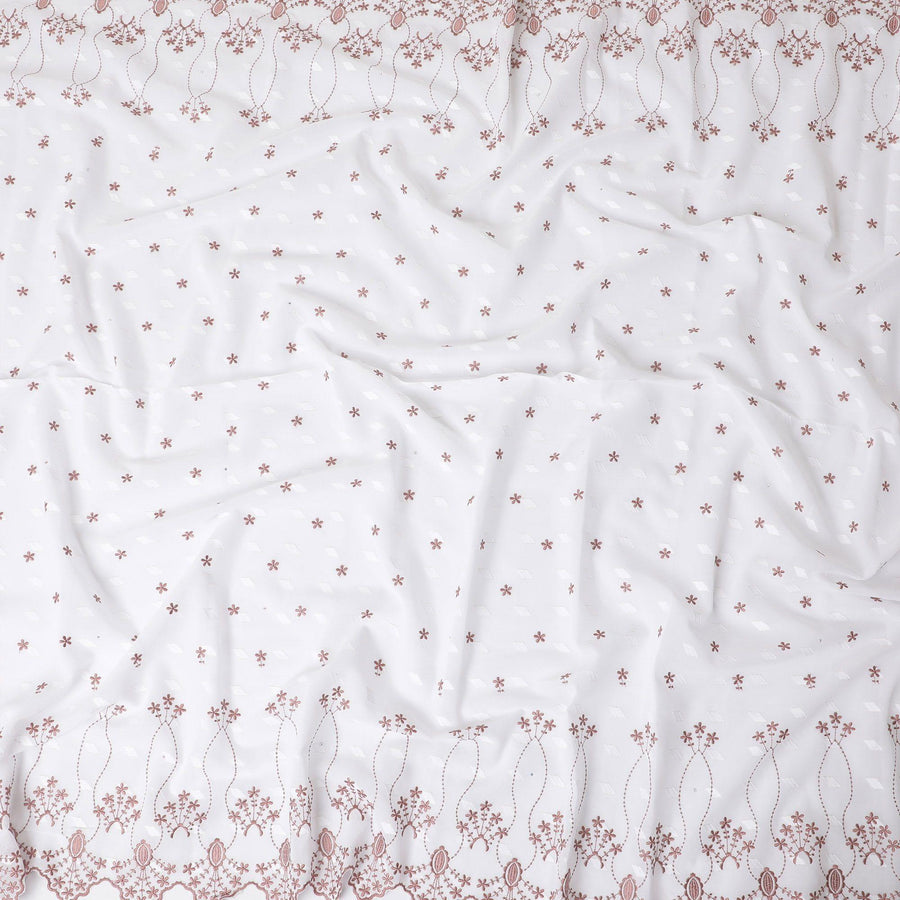 White Premium Swiss cotton voile thobe with same tone and pale brown embroidery in floral design having stone work-D11625