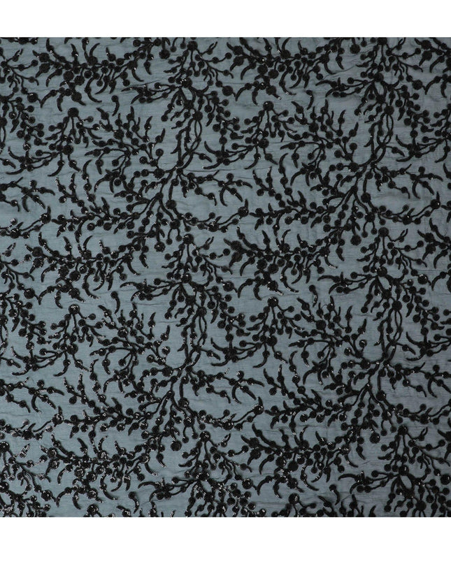 قماش شيفون من الحرير الخالص باللون الأخضر الزجاجي مع تطريز بالترتر الأسود بتصميم الأزهار-D13198