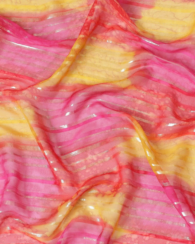 Multicolor premium pure silk chiffon printed garbasaar with gold metallic lurex in stripe design-D9524 Regal Fabrics