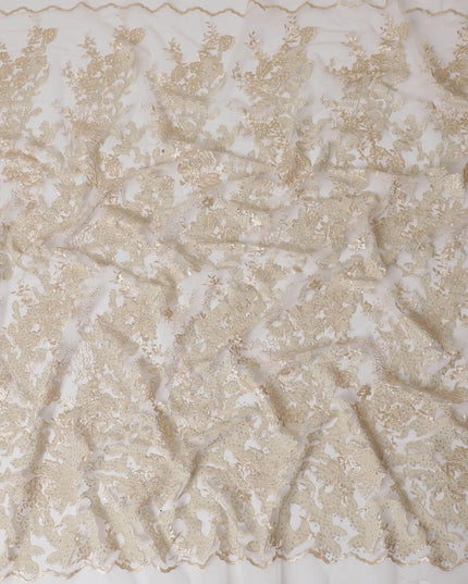 Dull gold nylon tulle fabric with same tone and gold embroidery having stone work in floral design-D11777 Regal Fabrics