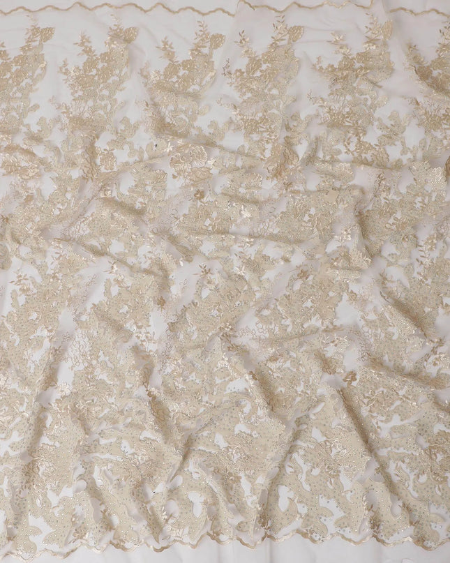 Dull gold nylon tulle fabric with same tone and gold embroidery having stone work in floral design-D11777 Regal Fabrics
