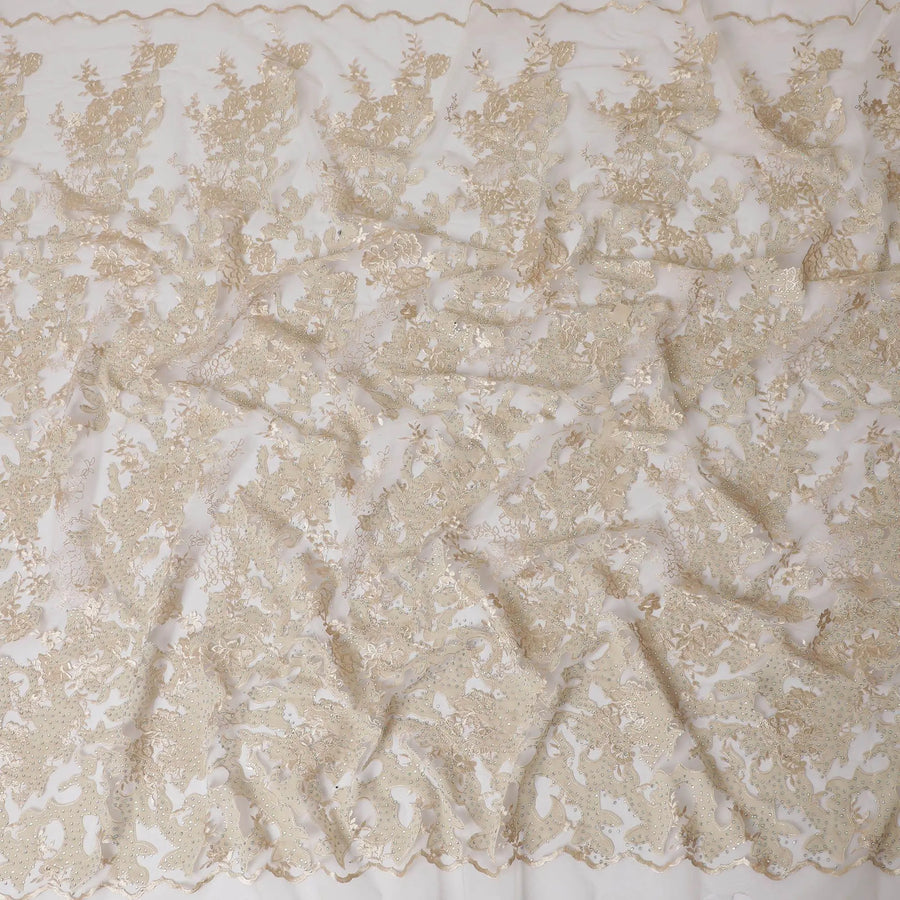 Dull gold nylon tulle fabric with same tone and gold embroidery having stone work in floral design-D11777 Regal Fabrics