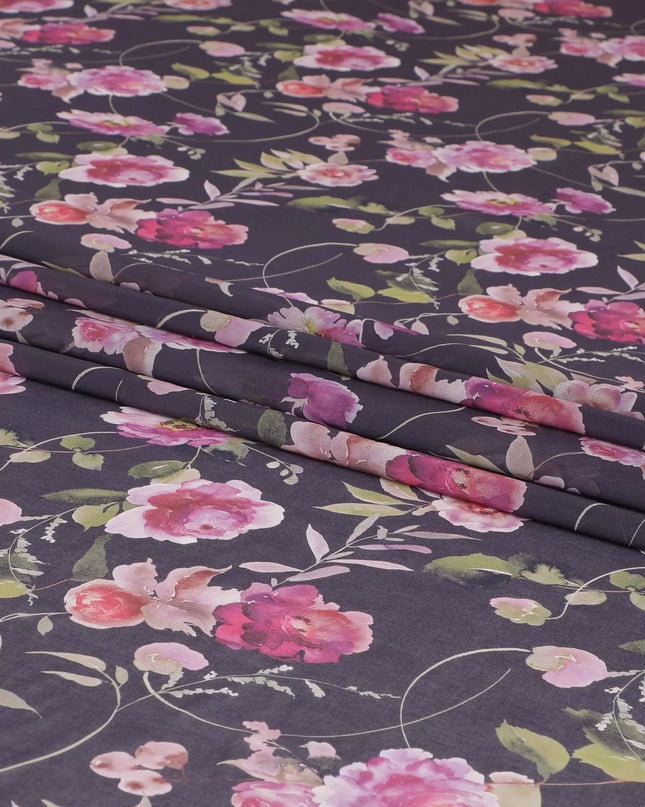 Purple cotton voile fabric with magenta pink, olive green and off white print in floral design-D6279 Regal Fabrics