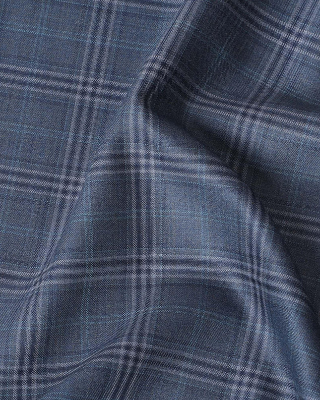 Denim blue Premium pure Italian Super 130's all wool suiting fabric with blue and grey checks design-D14803