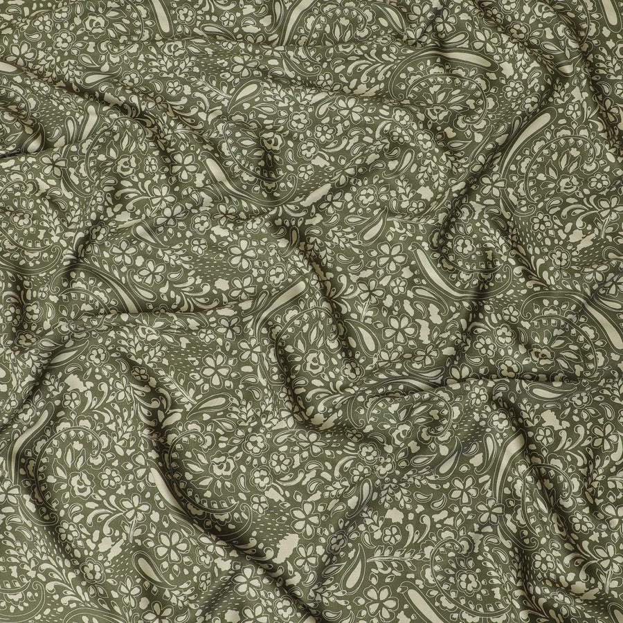 Olive green viscose twill printed fabric with light green prints in floral design-D11173 - Regal Fabrics