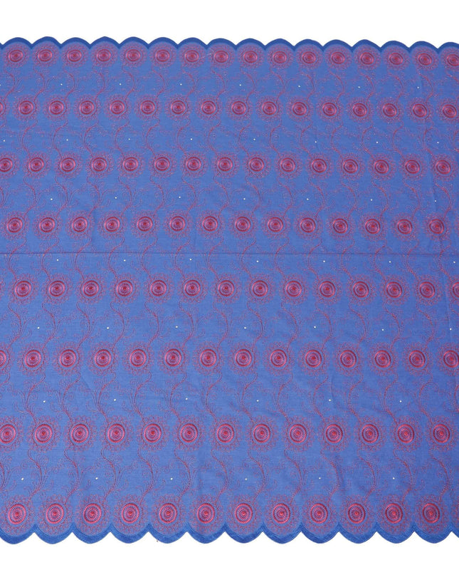 قماش فوال قطن سويسري 100% أزرق ملكي (ثوب سوداني) مع تطريز وردي كرزي مع عمل حجري بتصميم هندسي-D13530