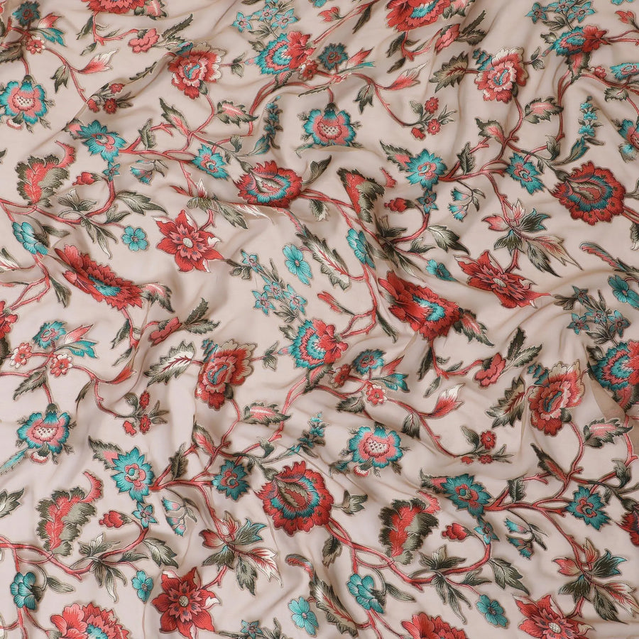 Brown synthetic chiffon fabric with multicolor print having jacquard in floral design-D13771 Regal Fabrics