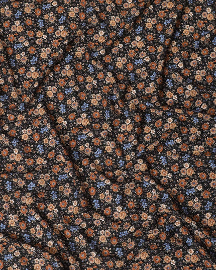 Black viscose crepe printed fabric with multi colour prints in floral design-D11158