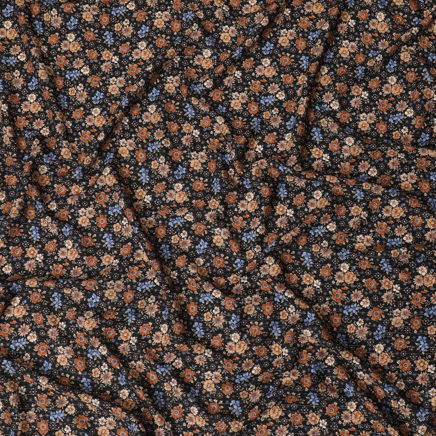 Black viscose crepe printed fabric with multi colour prints in floral design-D11158