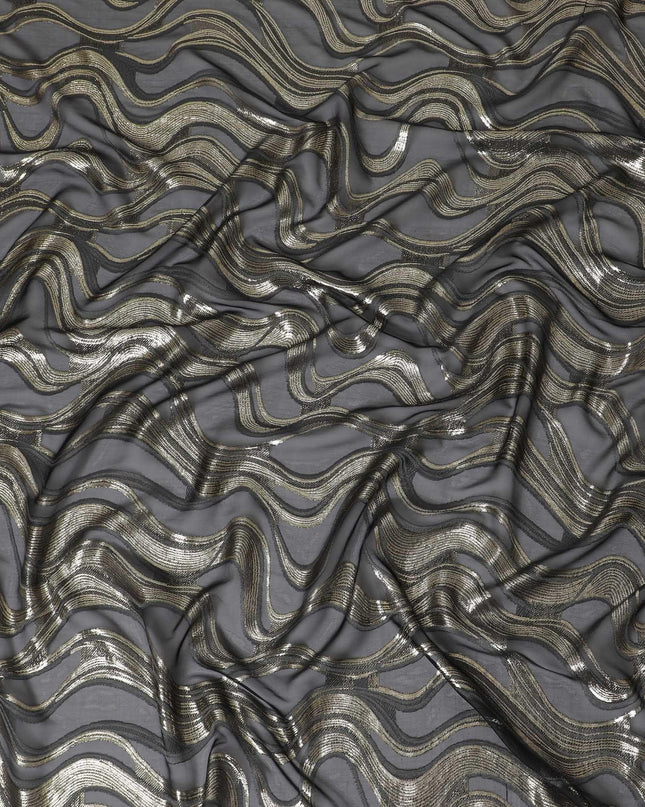 Black Premium pure French (Fransawi) silk chiffon fabric with grey viscose and gold metallic lurex in abstract design-D14272
