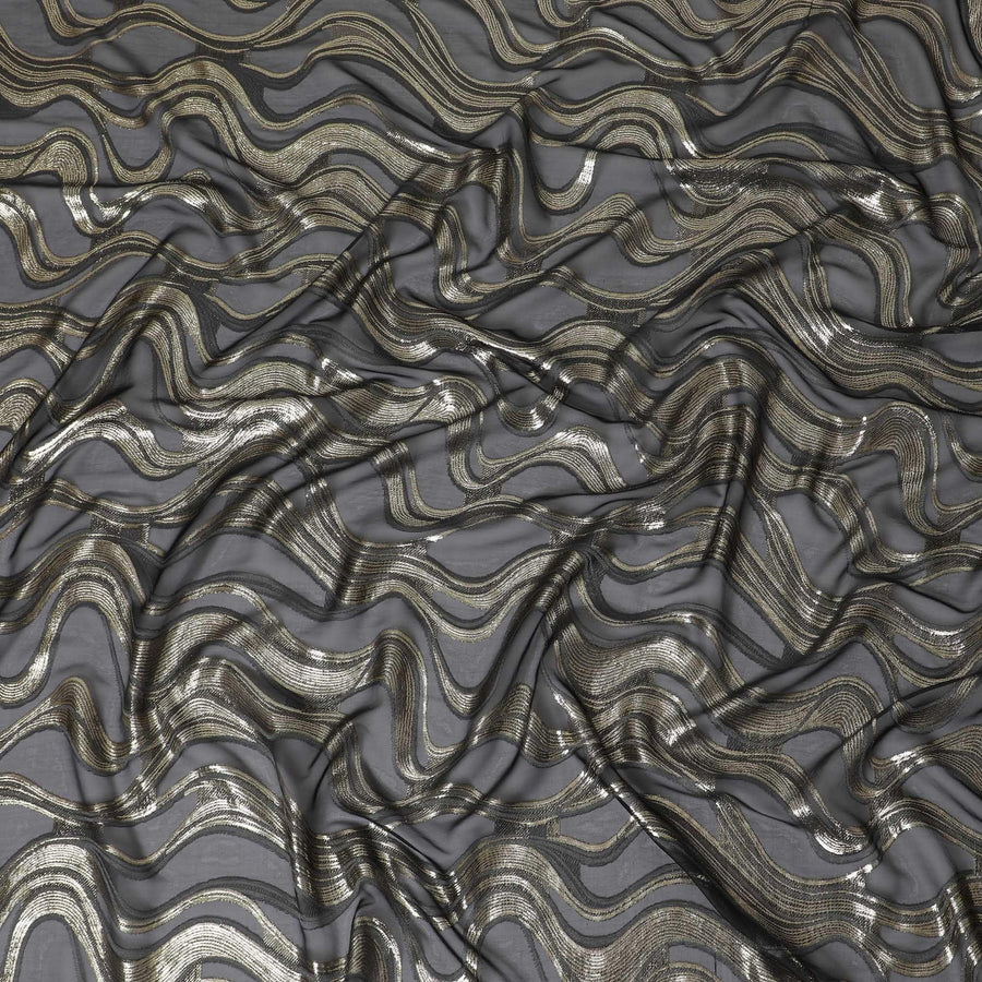 Black Premium pure French (Fransawi) silk chiffon fabric with grey viscose and gold metallic lurex in abstract design-D14272