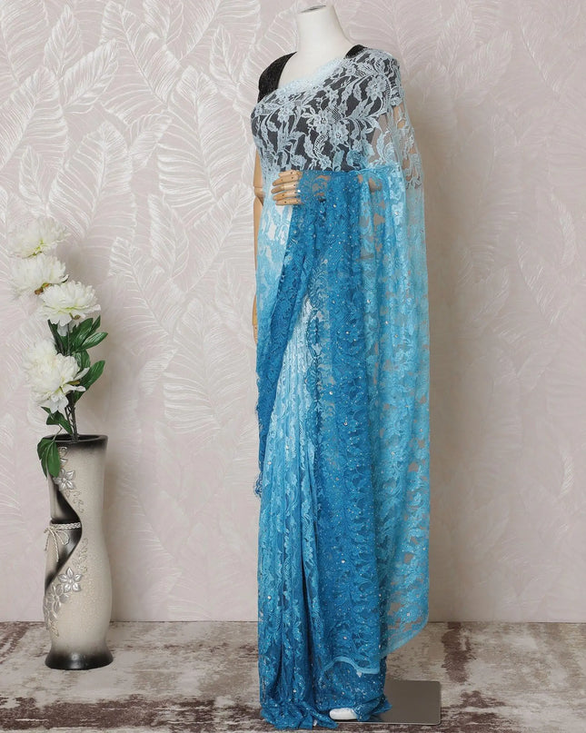 Electric blue to Azure blue Premium pure French chantilly lace saree having stone work in ombre design-D14602 Regal Fabrics