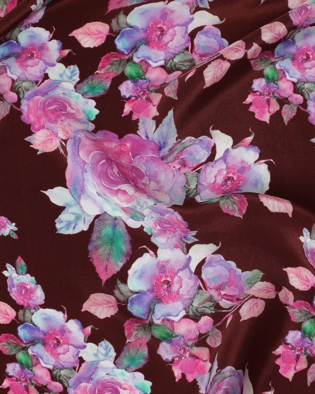 Maroon synthetic crepe fabric with multicolor crepe print in floral design-D14465