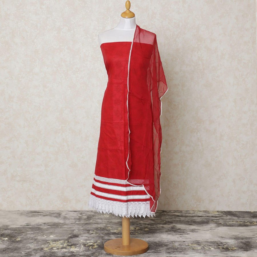 Crimson red blended cotton lawn fabric with border guipure white embroidery in floral design-D12120