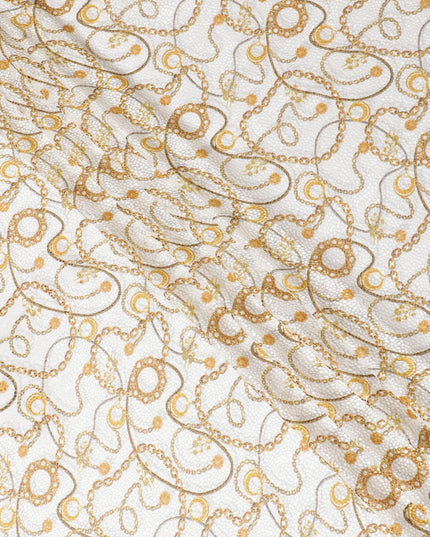 Off white Premium pure Italian silk blended burnout velvet fabric with mustard yellow print in fancy design-D13838