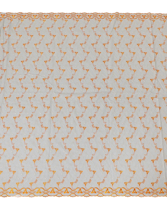 قماش الفوال القطني السويسري الفاخر 100% (الثوب السوداني) باللون الرمادي اللؤلؤي مع تطريز باللون الأخضر الفيروزي والذهبي بتصميم الأزهار-D13524