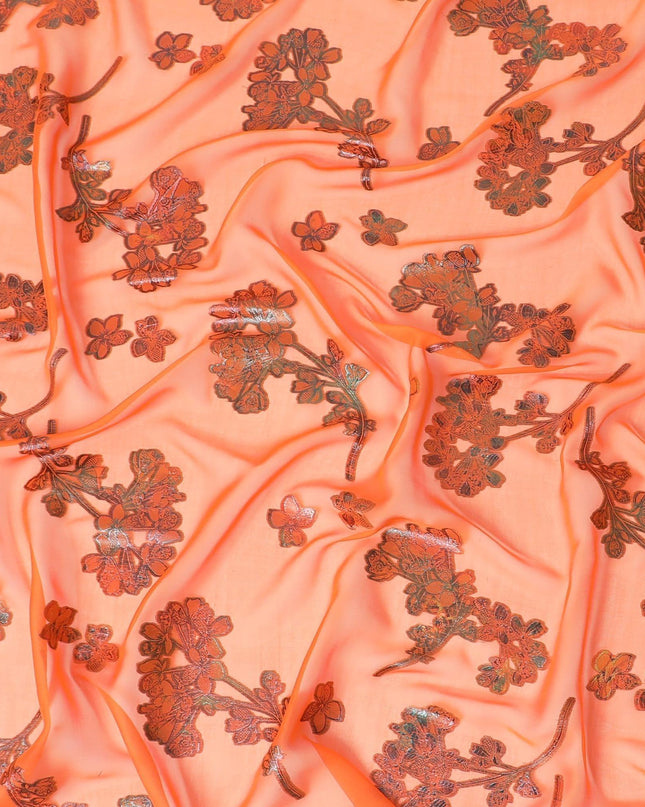قماش شيفون حريري خالص برتقالي فاخر مع لوركس معدني متعدد الألوان بتصميم زهور -D9661