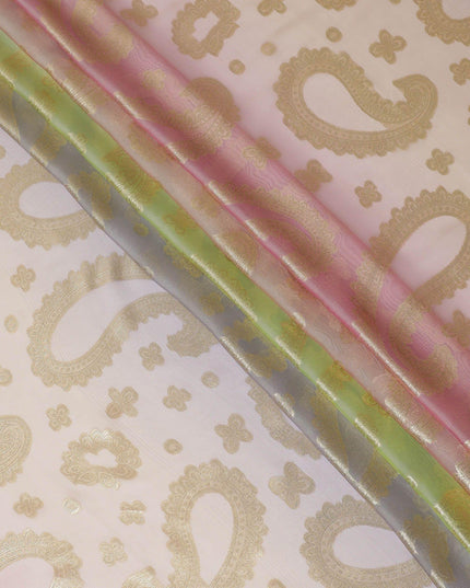 Multicolor premium pure French (Fransawi) silk chiffon fabric with gold metallic lurex in paisley design-D12723