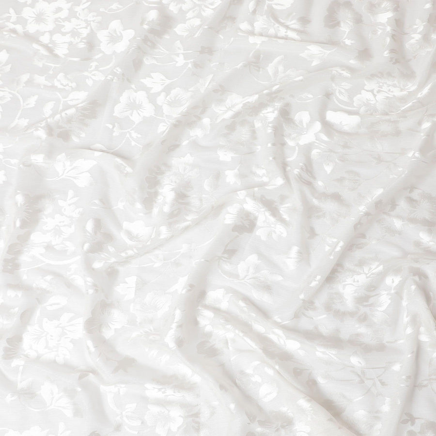 White Premim pure silk chiffon fabric with silver jacquard in floral design-D15314