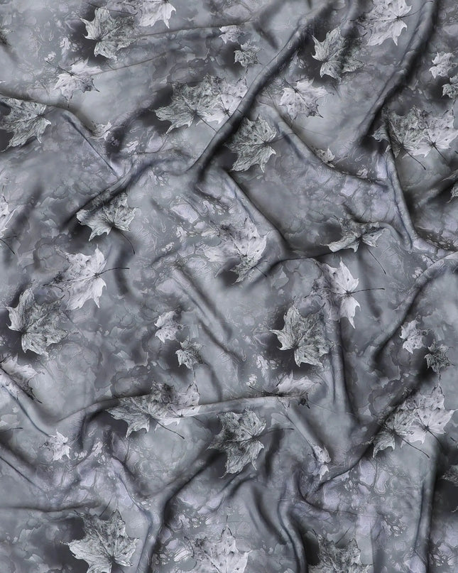 Fog grey synthetic satin fabric with same tone, off white and black print in floral design-D10275 Regal Fabrics